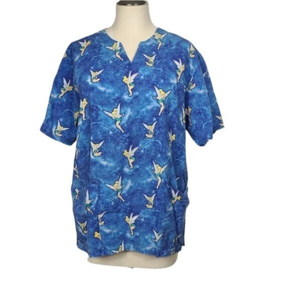 Disney Tinkerbell Split Neck Short Sleeves Blue Scrub Top M - Picture 1 of 6